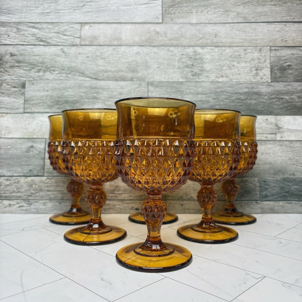 Vintage Indiana Glass Wine/ Water Goblets Amber Diamond Point Set Of 6.